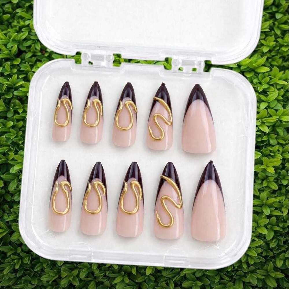 Black French Tip Almond Press On Nails with 3D Gold